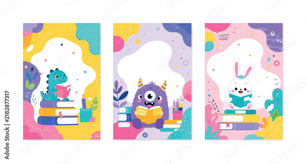 Fototapeta premium Cute cartoon characters reading books on stacks of colorful literature