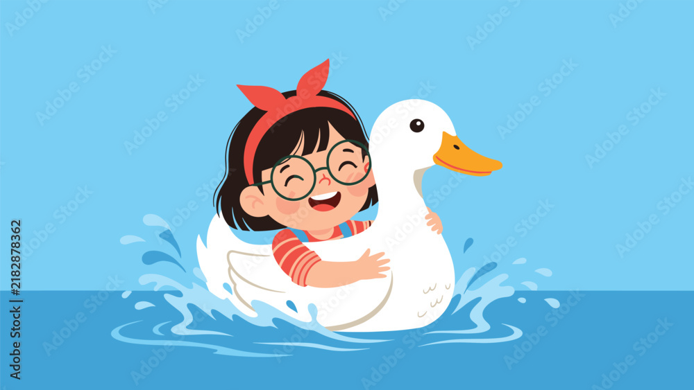 Fototapeta premium Happy little girl wearing glasses and a red bow headband smiles while riding on a giant white duck swimming in the bright blue water.