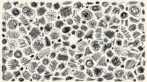 Fototapeta Hand Drawn Black Scribble and Doodle Pattern on Cream Background