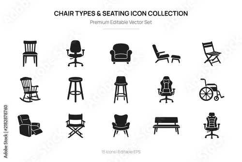 Collection of black chair icons on a white background representing various seating types