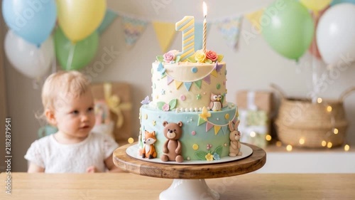 Happy baby celebrating a first birthday beside a pastel two-tier cake decorated with cute woodland animals, flowers and number one topper, surrounded by colorful balloons.