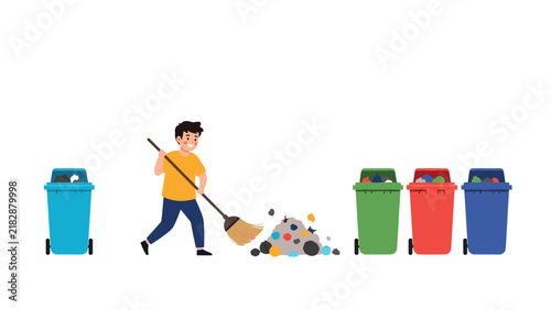 Young boy sweeping a pile of garbage on the ground with a broom near colorful recycling waste bins on a white background.