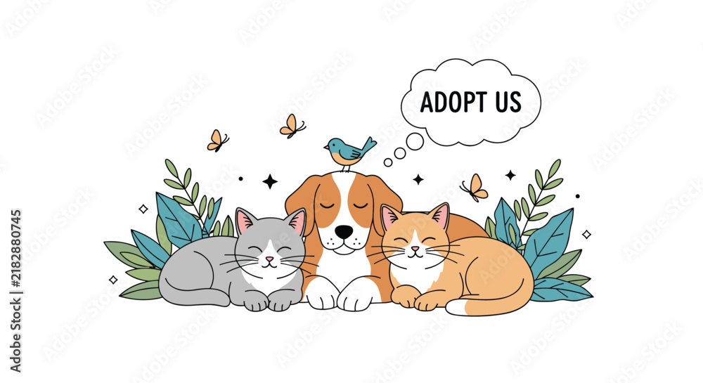 Fototapeta premium Adorable domestic pets including dog, two cats, and a little bird sitting together peacefully under adopt us thought bubble.
