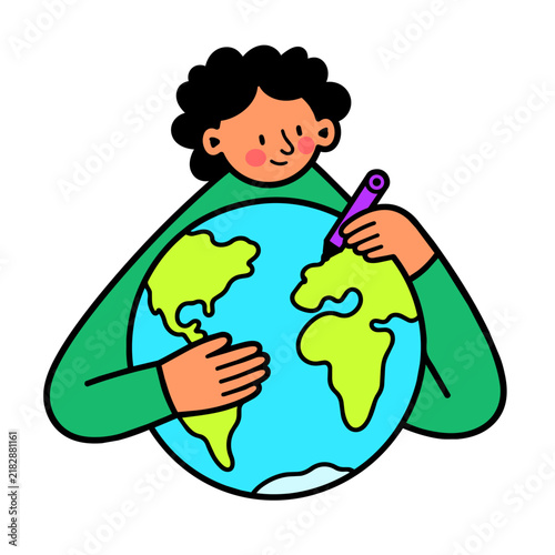  Girl drawing a world map.