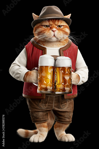 Ginger cat in Bavarian lederhosen holding beer mugs isolated on black background, Oktoberfest concept
