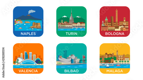 Colorful European City Skyline Icon Set with Naples Turin Bologna Valencia Bilbao and Malaga Famous Landmarks in Flat Design on White Background