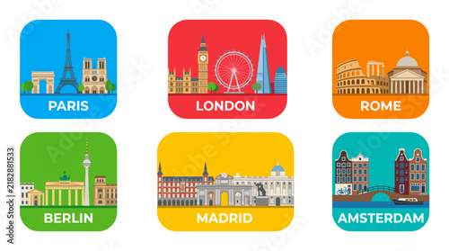 Famous European Capital City Landmark Flat Icon Set with Paris London Rome Berlin Madrid and Amsterdam in Colorful Square Design
