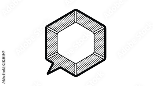 Hand drawn black outline of a hexagonal speech bubble with diagonal line pattern shading on a white background.