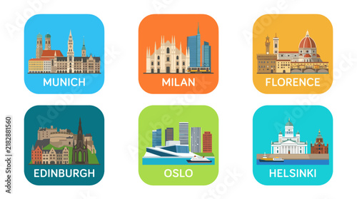 European City Landmark Flat Icon Set with Munich Milan Florence Edinburgh Oslo and Helsinki in Colorful Square Design