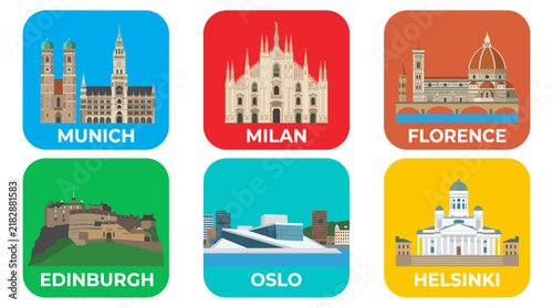 Colorful European City Landmark Flat Icon Set with Munich Milan Florence Edinburgh Oslo and Helsinki Famous Architecture
