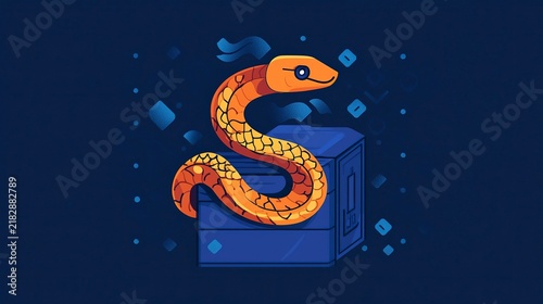 In a tech-focused workspace, a vibrant orange snake twists around a blue box, symbolizing the connection between Python programming and containerization through Docker
