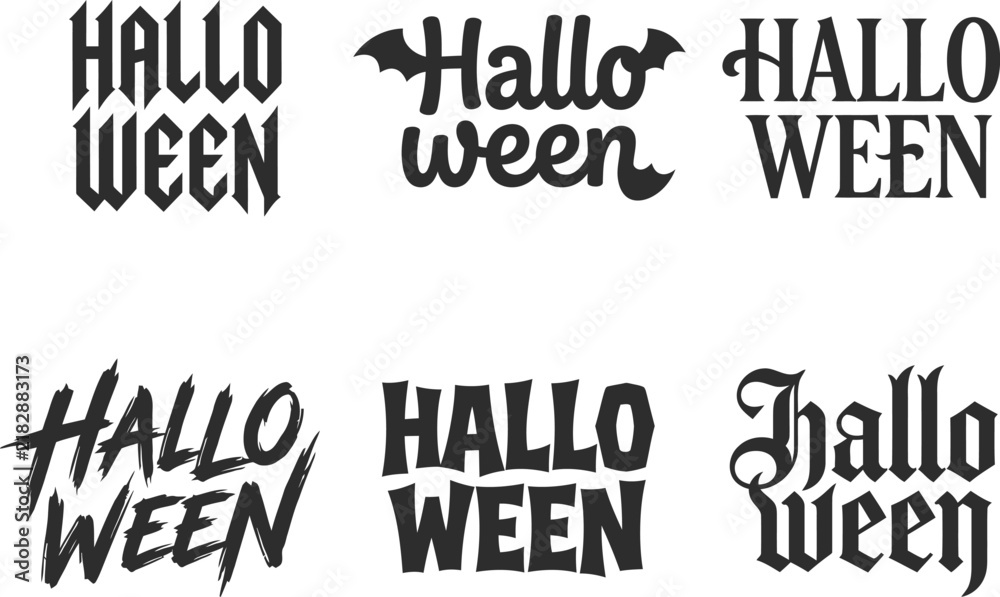 Obraz premium Hallo Ween lettering variations in bold fonts on a white background for spooky season designs