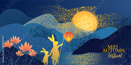 Mid Autumn Festival poster. Two rabbits sit in silhouette against large, shining full moon