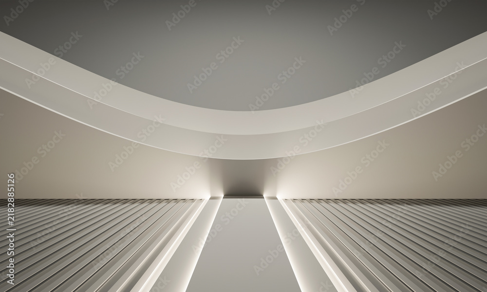 Obraz premium Modern Abstract 3D Render Studio Podium for Product Display, Futuristic Minimalist Architecture Background with Curved Geometric Wall and Soft Lighting Mockup, Empty Showcase Presentation Space