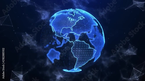 Digital Globe rotating in a futuristic network with glowing particles and abstract shapes