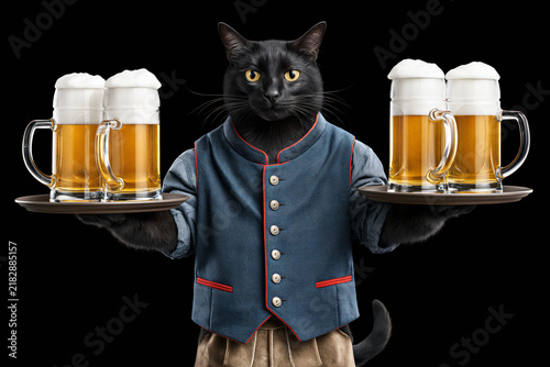 Black cat waiter carrying trays with beer mugs isolated on black background, Oktoberfest concept