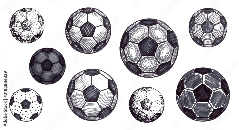 Obraz premium Collection of hand-drawn soccer balls in various artistic styles and textures