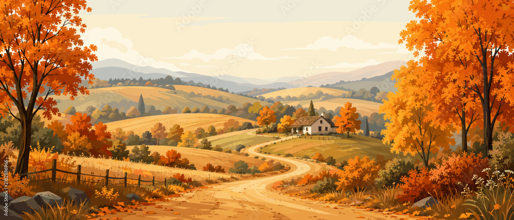 Obraz premium Winding country road through rolling hills in vibrant autumn colors