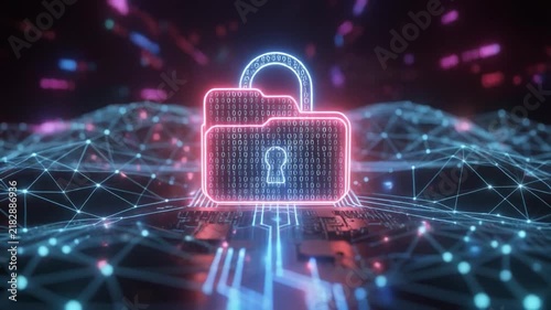 Digital padlock icon on abstract network background with glowing particles during data security concept
