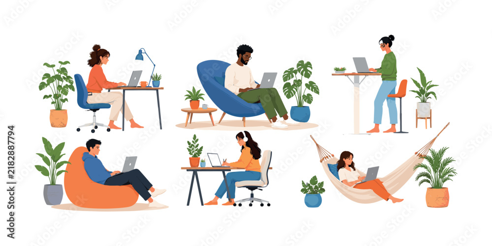 Fototapeta premium Diverse professionals working remotely in various comfortable home office setups