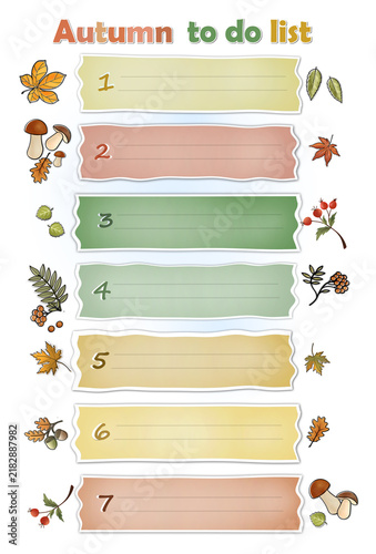 Autumn to do plan sheet with seven blank cells for writing down tasks, decorated with autumn leaves, mushrooms and berries. 