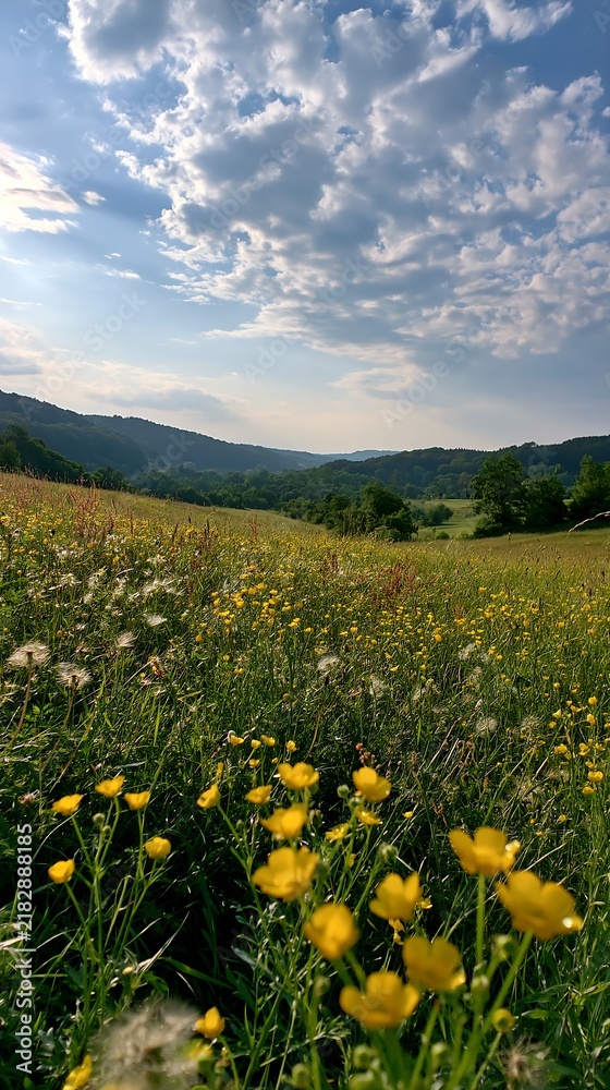 Fototapeta premium German foothill meadow with yellow flowers and cloudy sky