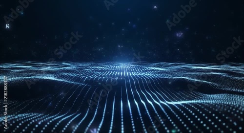 Digital terrain with glowing lines and particles during a futuristic data stream