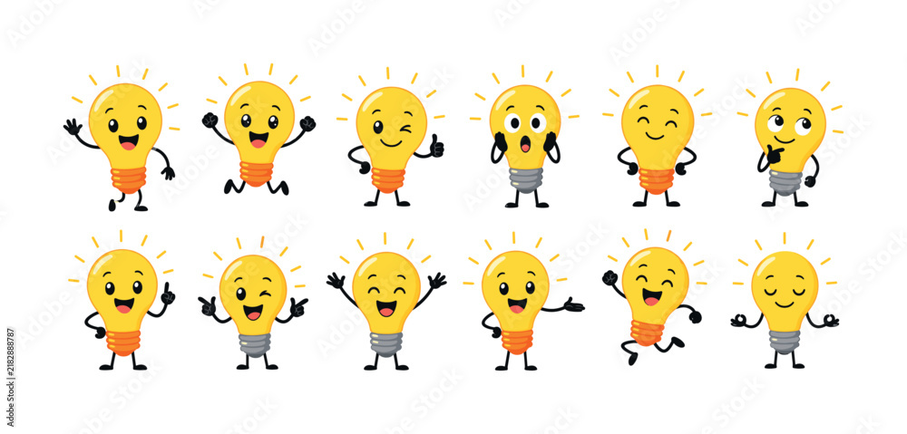 Fototapeta premium Collection of cute smiling light bulb characters with various happy expressions