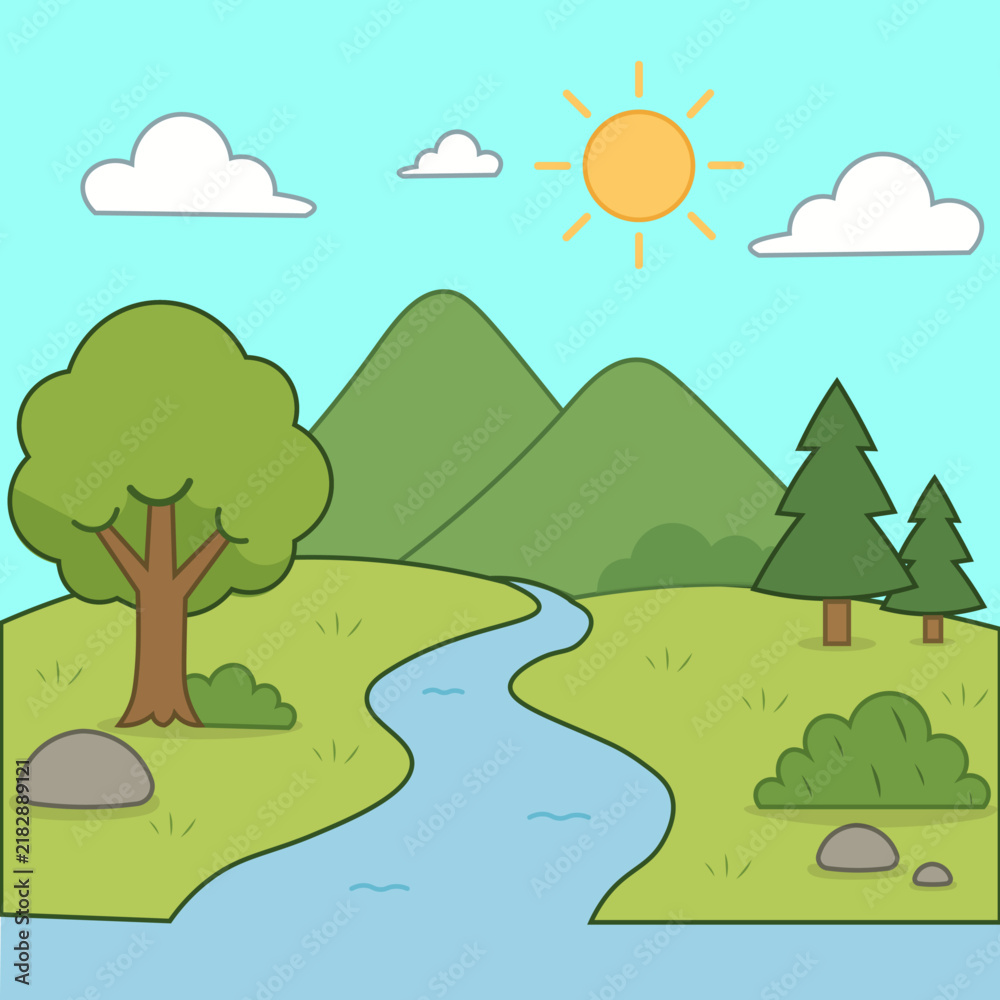 Obraz premium Colorful Summer Mountain Landscape with River Vector Illustration