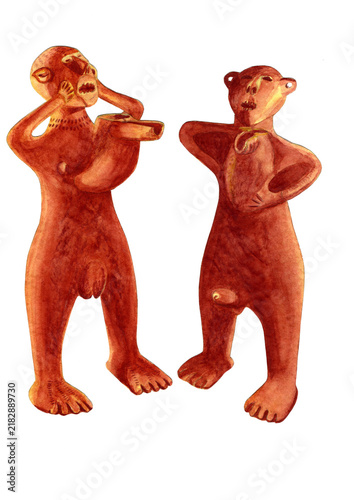 Pair of terracotta libation vessels shaped as male and female figures, Marlik Iran (1250–1000 BC). Late Bronze Age ritual pourers, female figure with necklace. Earthenware artwork.