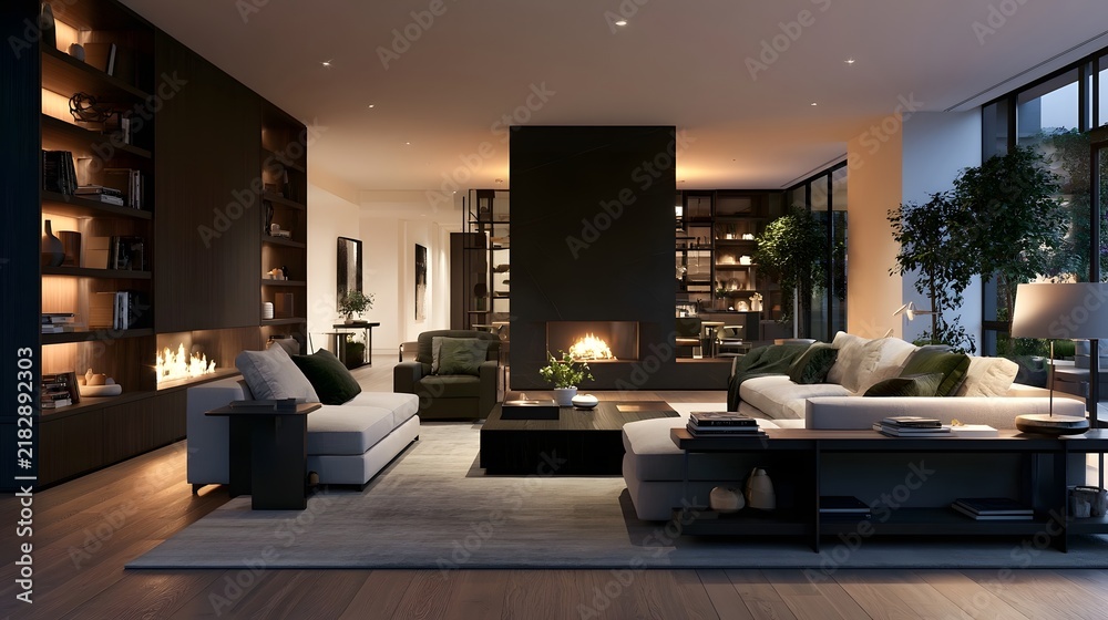 Fototapeta premium Modern minimalist living room with warm ambient lighting built in shelving and a central fireplace surrounded by comfortable seating