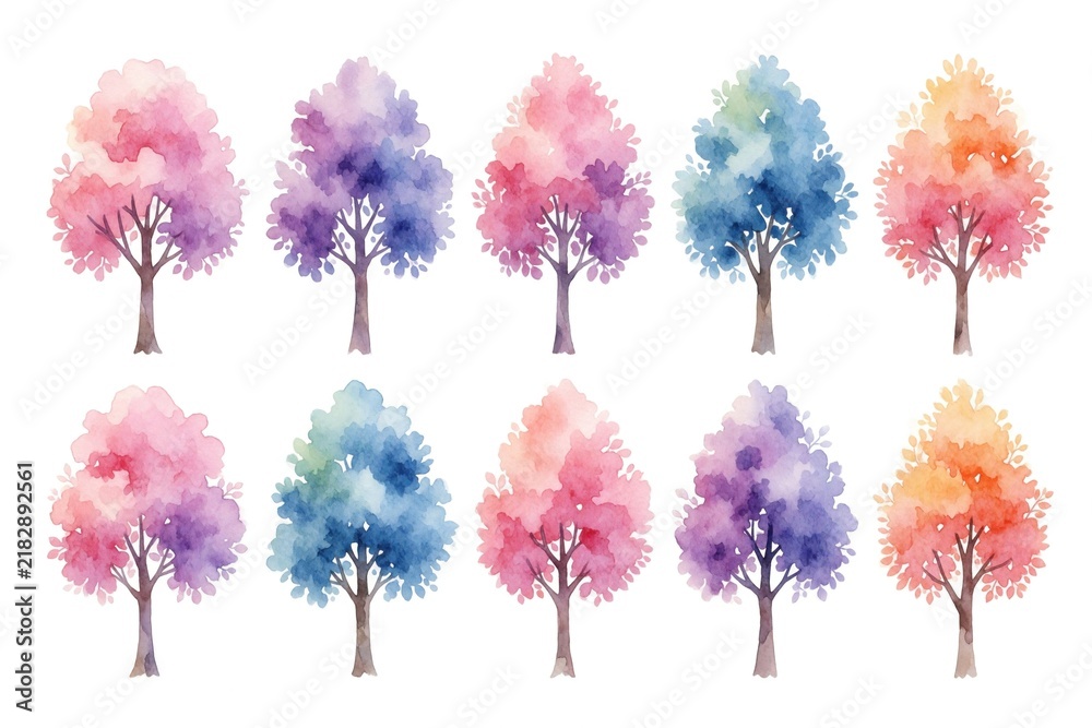 Fototapeta premium Ten watercolor trees with colorful foliage in pink purple blue and orange hues. Delicate washes create soft ethereal look perfect for spring or fantasy themes. Add touch of nature art to your designs.