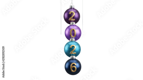 Four colorful christmas balls hanging vertically with the year 2026 printed on them