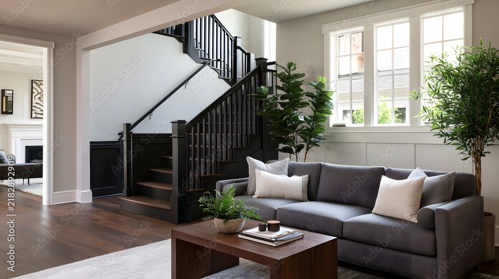 Fototapeta premium A modern living room with a gray sofa wooden coffee table and black staircase under natural daylight