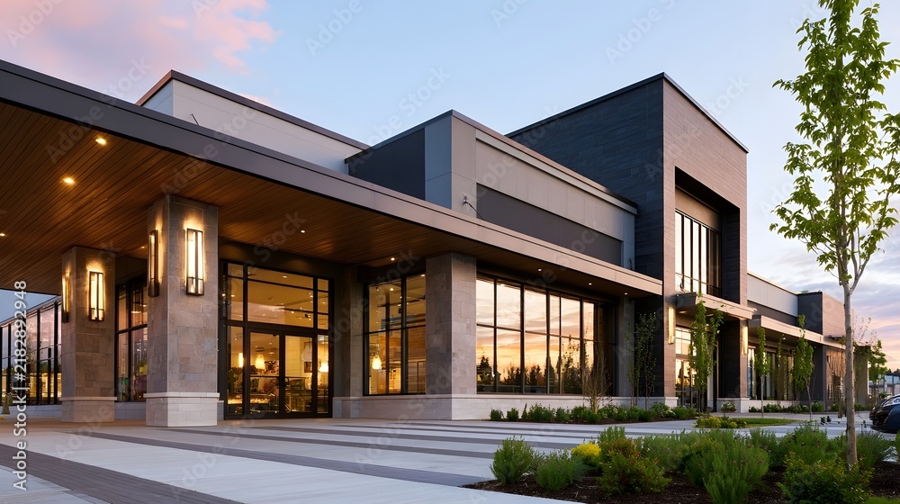 Obraz premium Modern commercial building with glass facade stone columns and wooden ceiling under warm evening light