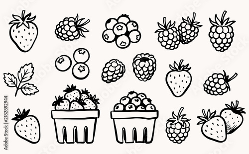 Mixed summer berry doodle set with strawberries, raspberries and blueberries