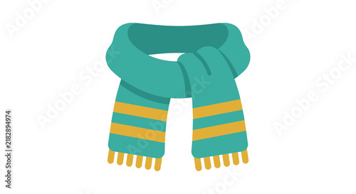 A teal and yellow striped scarf is displayed on a white background