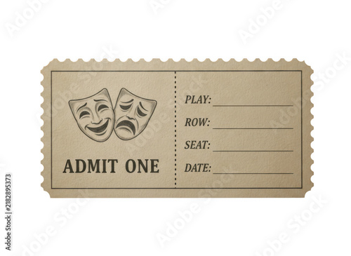 Fotografía A single paper theater admission ticket with comedy and tragedy masks icon print