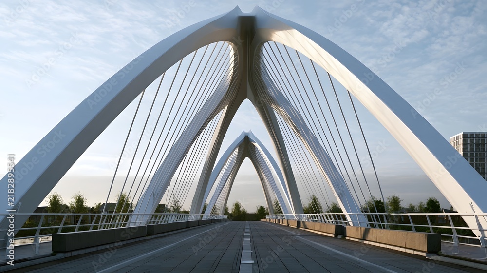 Obraz premium A modern white arch bridge with cable supports spans a roadway under a partly cloudy sky viewed from the center of the road