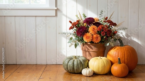Autumn floral arrangement in terracotta pot with red orange dahlias, seasonal pumpkins and harvest decorations for Thanksgiving home decor and floral designs