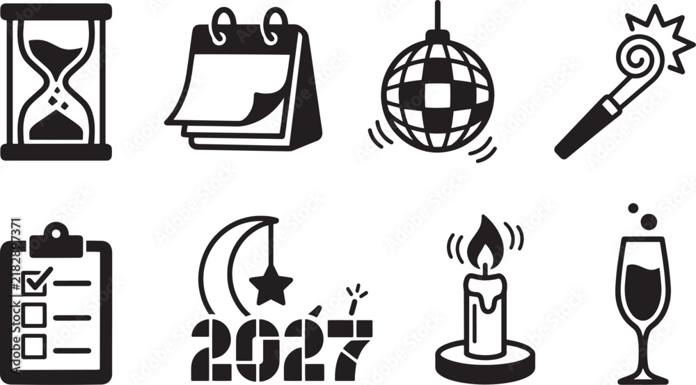 Fototapeta premium Set of 2027 New Year celebration, time management, and party vector icons