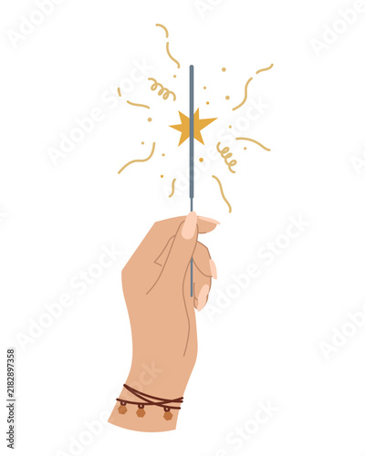 Hand drawn female hand holding a sparkler illustration. Festive firework spark for Christmas, New Year, birthday party celebration. Line art drawing