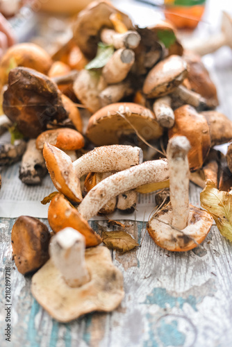 Fresh porcini mushrooms in wicker basket