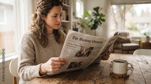 young woman reading newspaper at wooden table with cup of coffee in cozy living room