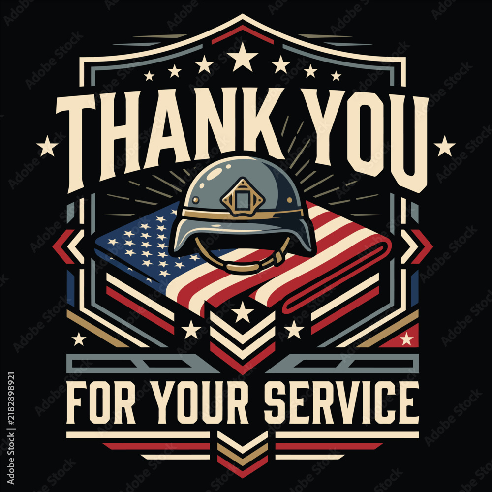 Fototapeta premium Thank You For Your Service Military Helmet Folded Flag Veteran T-shirt Vector