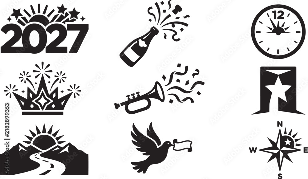 Fototapeta premium Set of 2027 New Year celebration, party, and symbolic vector icons