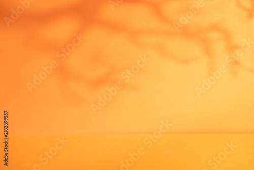 Soft orange background with blurred branch shadows and empty tabletop for autumn Halloween product display or advertising mockup