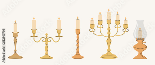 Hand drawn vintage candelabra and antique candle holder set. Collection of retro candlestick doodles for cozy home decor, romantic wedding, Christmas holiday design