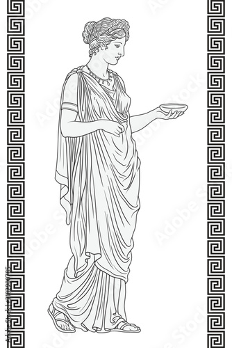 Ancient Greek woman goddess in tunic with a bowl for wine and water. Figure isolated on white background