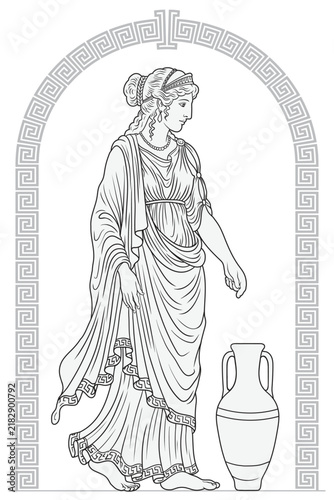 Drawing in ancient Greek style. Ancient Greek woman goddess in tunic with a jug for wine and water. Isolated female figure and meander ornament.